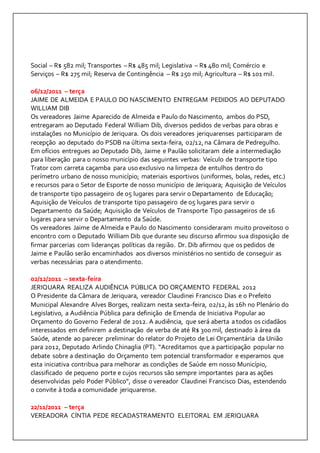 Social – R$ 582 mil; Transportes – R$ 485 mil; Legislativa – R$ 480 mil; Comércio e 
Serviços – R$ 275 mil; Reserva de Contingência – R$ 250 mil; Agricultura – R$ 101 mil. 
06/12/2011 – terça 
JAIME DE ALMEIDA E PAULO DO NASCIMENTO ENTREGAM PEDIDOS AO DEPUTADO 
WILLIAM DIB 
Os vereadores Jaime Aparecido de Almeida e Paulo do Nascimento, ambos do PSD, 
entregaram ao Deputado Federal William Dib, diversos pedidos de verbas para obras e 
instalações no Município de Jeriquara. Os dois vereadores jeriquarenses participaram de 
recepção ao deputado do PSDB na última sexta-feira, 02/12, na Câmara de Pedregulho. 
Em ofícios entregues ao Deputado Dib, Jaime e Paulão solicitaram dele a intermediação 
para liberação para o nosso município das seguintes verbas: Veículo de transporte tipo 
Trator com carreta caçamba para uso exclusivo na limpeza de entulhos dentro do 
perímetro urbano de nosso município; materiais esportivos (uniformes, bolas, redes, etc.) 
e recursos para o Setor de Esporte de nosso município de Jeriquara; Aquisição de Veículos 
de transporte tipo passageiro de 05 lugares para servir o Departamento de Educação; 
Aquisição de Veículos de transporte tipo passageiro de 05 lugares para servir o 
Departamento da Saúde; Aquisição de Veículos de Transporte Tipo passageiros de 16 
lugares para servir o Departamento da Saúde. 
Os vereadores Jaime de Almeida e Paulo do Nascimento consideraram muito proveitoso o 
encontro com o Deputado William Dib que durante seu discurso afirmou sua disposição de 
firmar parcerias com lideranças políticas da região. Dr. Dib afirmou que os pedidos de 
Jaime e Paulão serão encaminhados aos diversos ministérios no sentido de conseguir as 
verbas necessárias para o atendimento. 
02/12/2011 – sexta-feira 
JERIQUARA REALIZA AUDIÊNCIA PÚBLICA DO ORÇAMENTO FEDERAL 2012 
O Presidente da Câmara de Jeriquara, vereador Claudinei Francisco Dias e o Prefeito 
Municipal Alexandre Alves Borges, realizam nesta sexta-feira, 02/12, às 16h no Plenário do 
Legislativo, a Audiência Pública para definição de Emenda de Iniciativa Popular ao 
Orçamento do Governo Federal de 2012. A audiência, que será aberta a todos os cidadãos 
interessados em definirem a destinação de verba de até R$ 300 mil, destinado à área da 
Saúde, atende ao parecer preliminar do relator do Projeto de Lei Orçamentária da União 
para 2012, Deputado Arlindo Chinaglia (PT). “Acreditamos que a participação popular no 
debate sobre a destinação do Orçamento tem potencial transformador e esperamos que 
esta iniciativa contribua para melhorar as condições de Saúde em nosso Município, 
classificado de pequeno porte e cujos recursos são sempre importantes para as ações 
desenvolvidas pelo Poder Público”, disse o vereador Claudinei Francisco Dias, estendendo 
o convite à toda a comunidade jeriquarense. 
22/11/2011 – terça 
VEREADORA CÍNTIA PEDE RECADASTRAMENTO ELEITORAL EM JERIQUARA 
 
