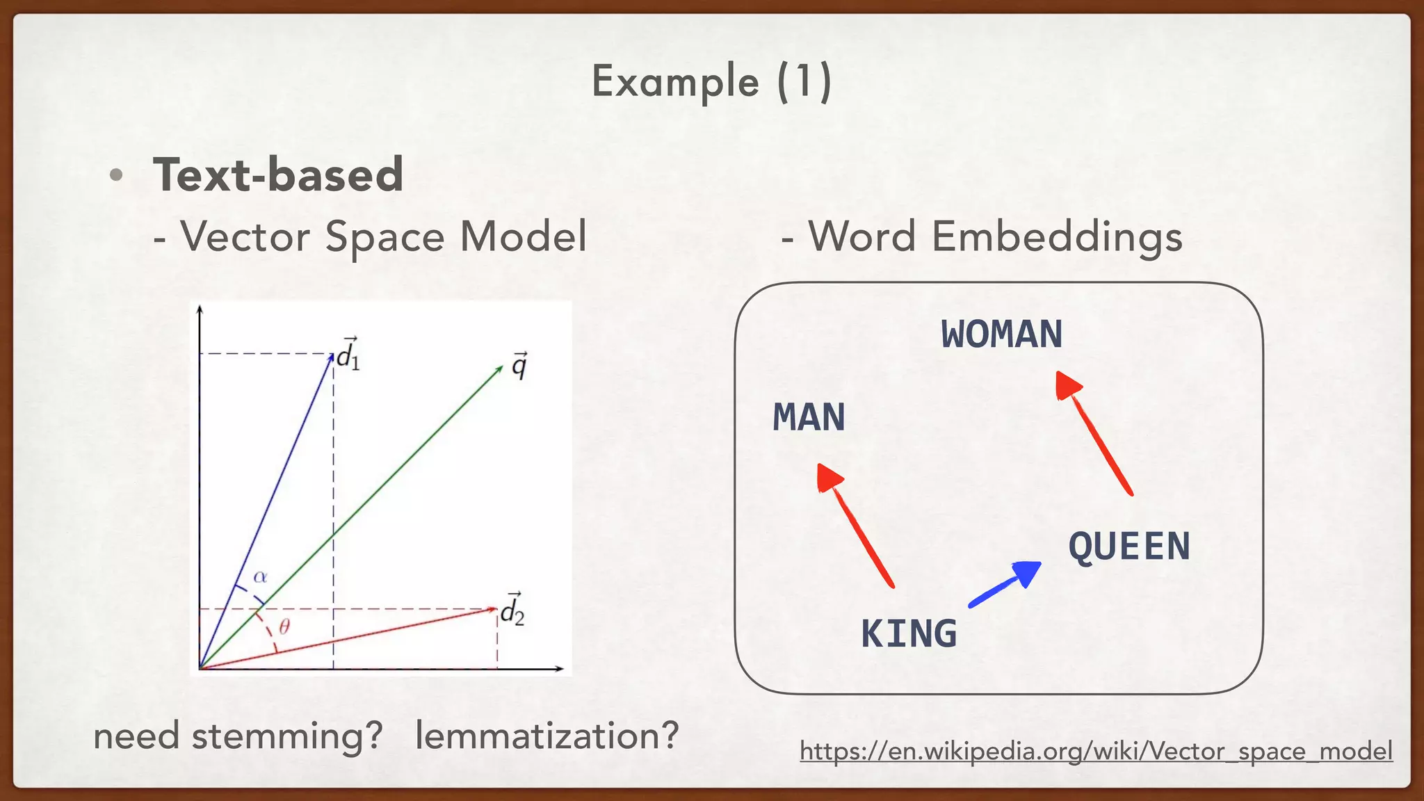 Example (1)
• Text-based 
- Vector Space Model - Word Embeddings
https://en.wikipedia.org/wiki/Vector_space_model
MAN
WOMAN
KING
QUEEN
need stemming? lemmatization?
 