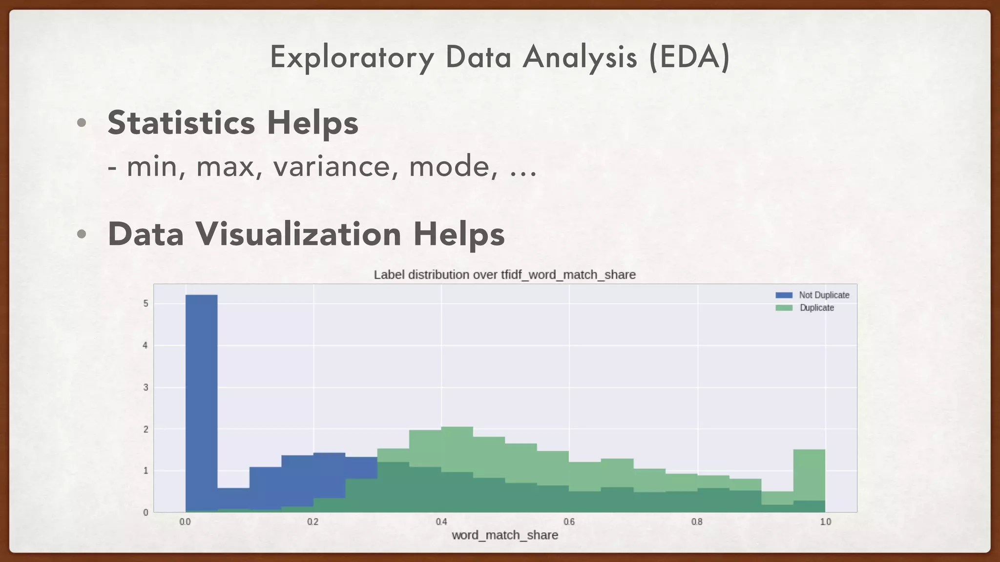 Exploratory Data Analysis (EDA)
• Statistics Helps 
- min, max, variance, mode, …
• Data Visualization Helps
 