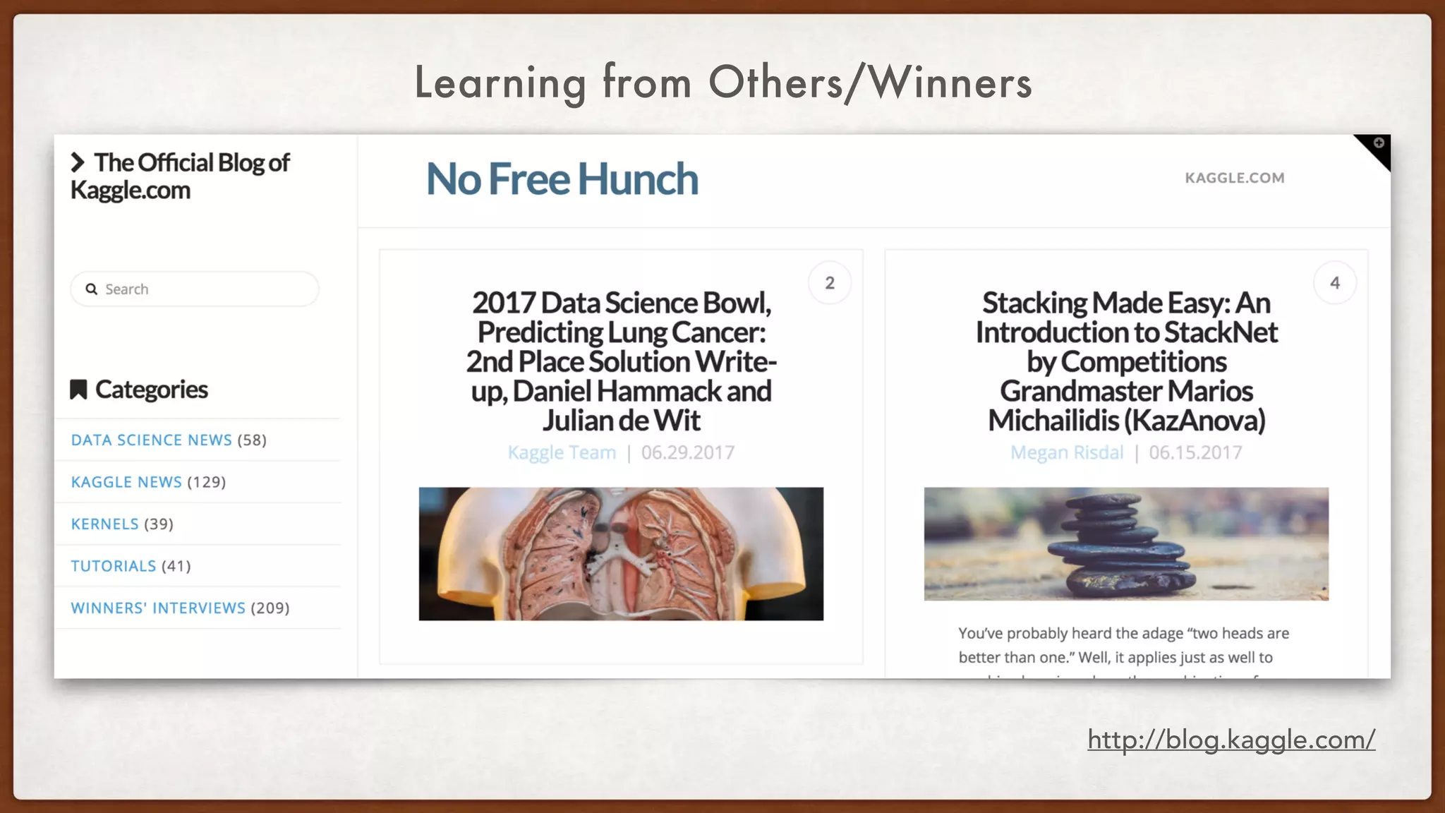 Learning from Others/Winners
http://blog.kaggle.com/
 