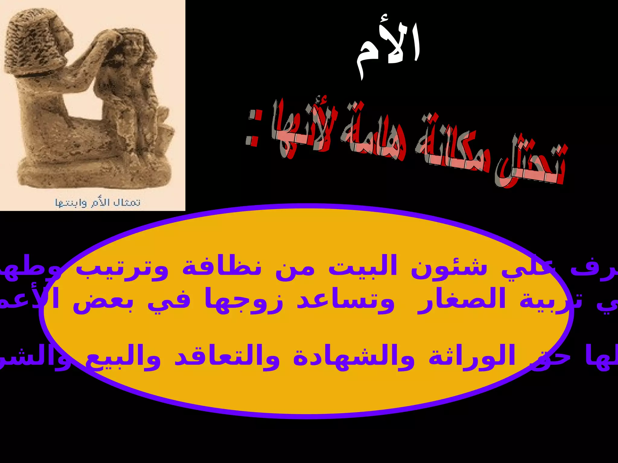 الأم تشرف علي شئون البيت   من نظافة وترتيب وطهي  . تتولي تربية الصغار   وتساعد زوجها في بعض   الأعمال  . كان لها حق الوراثة والشهادة والتعاقد والبيع والشراء   .   تحتل مكانة هامة لأنها : 