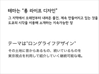 테마는 “롱 라이프 디자인”
그 지역에서 오래전부터 내려온 물건, 계속 만들어지고 있는 것을
도쿄의 시각을 이용해 소개하는 지속가능한 장
テーマは ロングライフデザイン
その土地に昔からあるもの、続いているものを
東京視点を利用して紹介していく継続可能な場。
 
