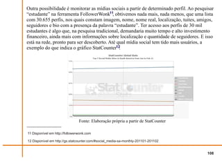 Outra possibilidade é monitorar as mídias sociais a partir de determinado perfil. Ao pesquisar
“estudante” na ferramenta FollowerWonk11, obtivemos nada mais, nada menos, que uma lista
com 30.655 perfis, nos quais constam imagem, nome, nome real, localização, tuites, amigos,
seguidores e bio com a presença da palavra “estudante”. Ter acesso aos perfis de 30 mil
estudantes é algo que, na pesquisa tradicional, demandaria muito tempo e alto investimento
financeiro, ainda mais com informações sobre localização e quantidade de seguidores. E isso
está na rede, pronto para ser descoberto. Até qual mídia social tem tido mais usuários, a
exemplo do que indica o gráfico StatCounter12  .




                                Fonte: Elaboração própria a partir de StatCounter

11 Disponível em http://followerwonk.com

12 Disponível em http://gs.statcounter.com/#social_media-sa-monthly-201101-201102


                                                                                          108
 