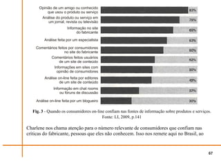 Opinião de um amigo ou conhecido
           que usou o produto ou serviço
       Análise do produto ou serviço em
           um jornal, revista ou televisão
                        Informação no site
                              do fabricante

          Análise feita por um especialista

    Comentários feitos por consumidores
                    no site do fabricante
           Comentários feitos usuários
                 de um site de conteúdo
                Informações em sites com
                 opinião de consumidores
          Análise on-line feita por editores
                   de um site de conteúdo
               Informação em chat rooms
                   ou fóruns de discussão

     Análise on-line feita por um blogueiro

   Fig. 3 - Quando os consumidores on-line confiam nas fontes de informação sobre produtos e serviços.
                                         Fonte: LI, 2009, p.141

Charlene nos chama atenção para o número relevante de consumidores que confiam nas
críticas do fabricante, pessoas que eles não conhecem. Isso nos remete aqui no Brasil, ao


                                                                                                    67
 