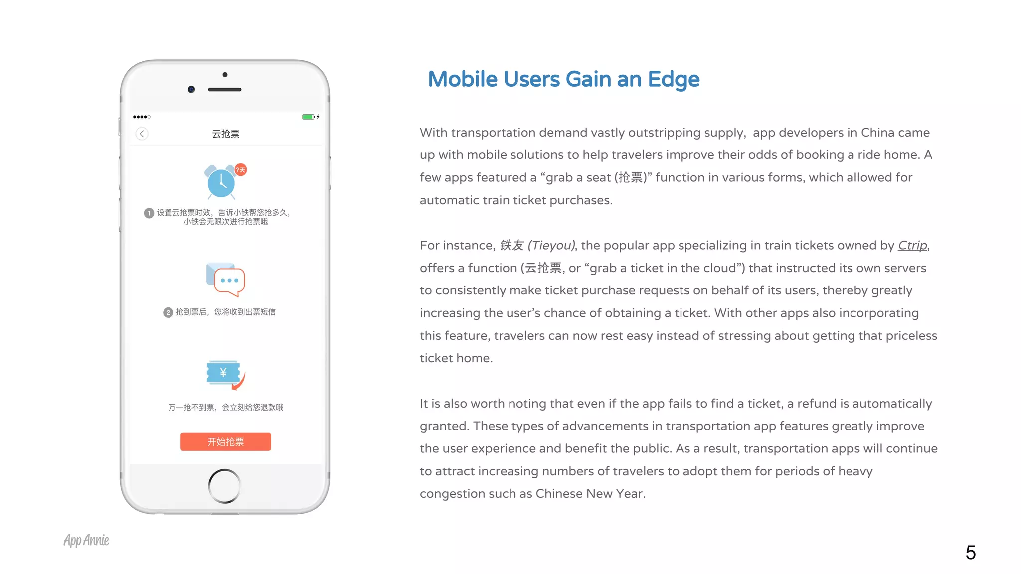 5
With transportation demand vastly outstripping supply, app developers in China came
up with mobile solutions to help travelers improve their odds of booking a ride home. A
few apps featured a “grab a seat (抢票)” function in various forms, which allowed for
automatic train ticket purchases.
For instance, 铁友 (Tieyou), the popular app specializing in train tickets owned by Ctrip,
offers a function (云抢票, or “grab a ticket in the cloud”) that instructed its own servers
to consistently make ticket purchase requests on behalf of its users, thereby greatly
increasing the user’s chance of obtaining a ticket. With other apps also incorporating
this feature, travelers can now rest easy instead of stressing about getting that priceless
ticket home.
It is also worth noting that even if the app fails to find a ticket, a refund is automatically
granted. These types of advancements in transportation app features greatly improve
the user experience and benefit the public. As a result, transportation apps will continue
to attract increasing numbers of travelers to adopt them for periods of heavy
congestion such as Chinese New Year.
Mobile Users Gain an Edge
 