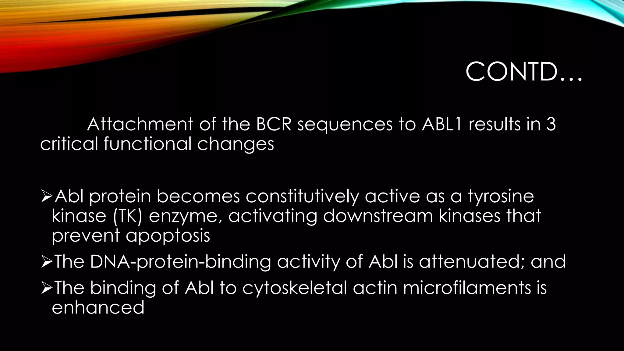 CONTD…
Attachment of the BCR sequences to ABL1 results in 3
critical functional changes
Abl protein becomes constitutively active as a tyrosine
kinase (TK) enzyme, activating downstream kinases that
prevent apoptosis
The DNA-protein-binding activity of Abl is attenuated; and
The binding of Abl to cytoskeletal actin microfilaments is
enhanced

 