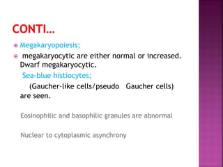  Megakaryopoiesis;
 megakaryocytic are either normal or increased.
Dwarf megakaryocytic.
Sea-blue histiocytes;
(Gaucher-like cells/pseudo Gaucher cells)
are seen.
Eosinophilic and basophilic granules are abnormal
Nuclear to cytoplasmic asynchrony
 