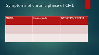 Symptoms of chronic phase of CML
ANEMIA Spleenomegaly PLATELET DYSFUNCTIONS