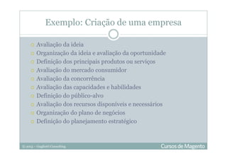 © 2013 – Gugliotti Consulting
Exemplo: Criação de uma empresa
Avaliação da ideia
Organização da ideia e avaliação da oportunidade
Definição dos principais produtos ou serviços
Avaliação do mercado consumidor
Avaliação da concorrência
Avaliação das capacidades e habilidades
Definição do público-alvo
Avaliação dos recursos disponíveis e necessários
Organização do plano de negócios
Definição do planejamento estratégico
 
