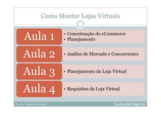 © 2013 – Gugliotti Consulting
Como Montar Lojas Virtuais
• Conceituação do eCommerce
• PlanejamentoAula 1
• Análise de Mercado e ConcorrentesAula 2
• Planejamento da Loja VirtualAula 3
• Requisitos da Loja VirtualAula 4
 