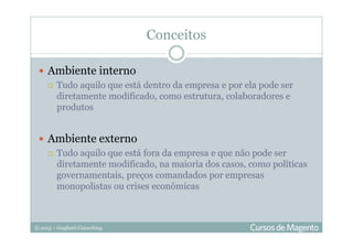 © 2013 – Gugliotti Consulting
Conceitos
Ambiente interno
Tudo aquilo que está dentro da empresa e por ela pode ser
diretamente modificado, como estrutura, colaboradores e
produtos
Ambiente externo
Tudo aquilo que está fora da empresa e que não pode ser
diretamente modificado, na maioria dos casos, como políticas
governamentais, preços comandados por empresas
monopolistas ou crises econômicas
 