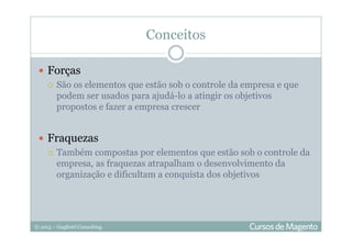 © 2013 – Gugliotti Consulting
Conceitos
Forças
São os elementos que estão sob o controle da empresa e que
podem ser usados para ajudá-lo a atingir os objetivos
propostos e fazer a empresa crescer
Fraquezas
Também compostas por elementos que estão sob o controle da
empresa, as fraquezas atrapalham o desenvolvimento da
organização e dificultam a conquista dos objetivos
 