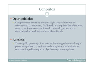 © 2013 – Gugliotti Consulting
Conceitos
Oportunidades
Componentes externos à organização que colaboram no
crescimento da empresa, facilitando a conquista dos objetivos,
como crescimento espontâneo do mercado, procura por
determinados produtos ou incentivos fiscais
Ameaças
Tudo aquilo que esteja fora do ambiente organizacional e que
possa atrapalhar o crescimento da empresa, diminuindo as
vendas e impedindo que os objetivos sejam cumpridos
 
