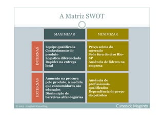 © 2013 – Gugliotti Consulting
A Matriz SWOT
Equipe qualificada
Conhecimento do
produto
Logística diferenciada
Rapidez na entrega
local
Aumento na procura
pelo produto, à medida
que consumidores são
educados
Diminuição de
barreiras alfandegárias
Ausência de
profissionais
qualificados
Dependência do preço
do petróleo
Preço acima do
mercado
Sede fora do eixo Rio-
SP
Ausência de líderes na
empresa
MAXIMIZAR MINIMIZAR
INTERNASEXTERNAS
 
