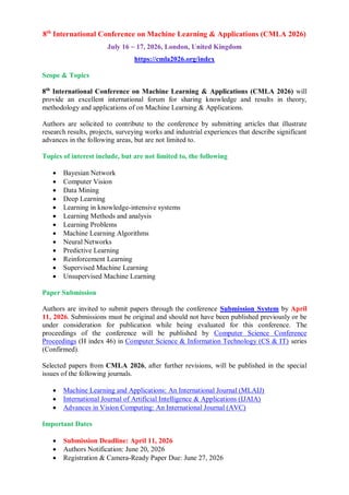 8th International Conference on Machine Learning & Applications (CMLA ...