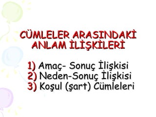 CÜMLELER ARASINDAKİ ANLAM İLİŞKİLERİ 1)  Amaç- Sonuç İlişkisi   2)  Neden-Sonuç İlişkisi   3)  Koşul (şart) Cümleleri 