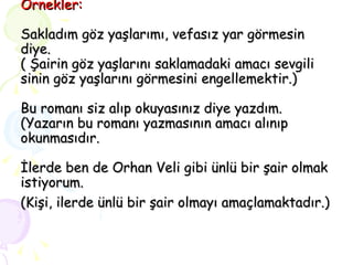 Örnekler:   Sakladım göz yaşlarımı, vefasız yar görmesin diye. ( Şairin göz yaşlarını saklamadaki amacı sevgili sinin göz yaşlarını görmesini engellemektir.) Bu romanı siz alıp okuyasınız diye yazdım. (Yazarın bu romanı yazmasının amacı alınıp okunmasıdır. İlerde ben de Orhan Veli gibi ünlü bir şair olmak istiyorum. (Kişi, ilerde ünlü bir şair olmayı amaçlamaktadır.)   