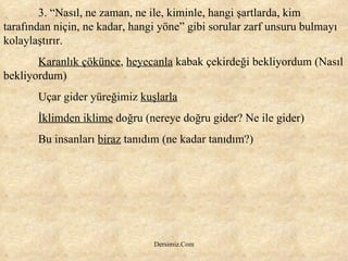 3. “Nasıl, ne zaman, ne ile, kiminle, hangi şartlarda, kim tarafından niçin, ne kadar, hangi yöne” gibi sorular zarf unsuru bulmayı kolaylaştırır. Karanlık çökünce ,  heyecanla  kabak çekirdeği bekliyordum (Nasıl bekliyordum) Uçar gider yüreğimiz  kuşlarla İklimden iklime  doğru (nereye doğru gider? Ne ile gider) Bu insanları  biraz  tanıdım (ne kadar tanıdım?) 