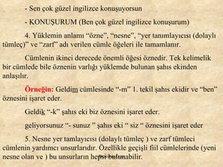 - Sen çok güzel ingilizce konuşuyorsun - KONUŞURUM (Ben çok güzel ingilizce konuşurum) 4. Yüklemin anlamı “özne”, “nesne”, “yer tanımlayıcısı (dolaylı tümleç)” ve “zarf” adı verilen cümle öğeleri ile tamamlanır. Cümlenin ikinci derecede önemli öğesi öznedir. Tek kelimelik bir cümlede bile öznenin varlığı yüklemde bulunan şahıs ekinden anlaşılır.  Örneğin:   Geldi m  cümlesinde “-m” 1. tekil şahıs ekidir ve “ben” öznesini işaret eder. Geldi k  “-k” şahıs eki biz öznesini işaret eder.  geliyorsunuz “- sunuz ” şahıs eki “ siz “ öznesini işaret eder 5. Nesne yer tamlayıcısı (dolaylı tümleç ) ve zarf tümleci cümlenin yardımcı unsurlarıdır. Özellikle geçişli fiil cümlelerinde (yeni nesne olan ve ) bu unsurların hepsi bulunabilir. 