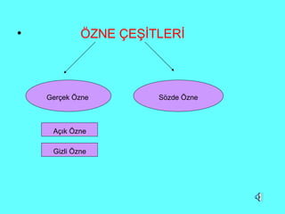 ÖZNE ÇEŞİTLERİ Gerçek Özne  Sözde Özne Gizli Özne Açık Özne Gizli Özne 