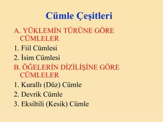 C ümle  Ç eşitleri     A. YÜKLEMİN TÜRÜNE GÖRE  CÜMLELER 1. Fiil Cümlesi  2. İsim Cümlesi  B. ÖĞELERİN DİZİLİŞİNE GÖRE CÜMLELER 1. Kurallı (Düz) Cümle 2. Devrik Cümle 3. Eksiltili (Kesik) Cümle 