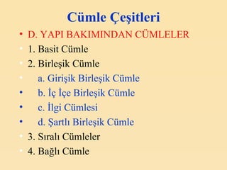C ümle  Ç eşitleri D. YAPI BAKIMINDAN CÜMLELER 1. Basit Cümle 2. Birleşik Cümle      a. Girişik Birleşik Cümle      b. İç İçe Birleşik Cümle      c. İlgi Cümlesi      d. Şartlı Birleşik Cümle 3. Sıralı Cümleler 4. Bağlı Cümle 