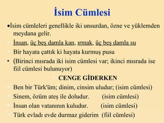 İsim Cümlesi  İsim cümleleri genellikle iki unsurdan, özne ve yüklemden meydana gelir.    İnsan ,  üç beş damla kan ,  ırmak ,  üç beş damla su   Bir hayata çattık ki hayata kurmuş pusu ( Birinci mısrada iki isim cümlesi var; ikinci mısrada ise fiil cümlesi bulunuyor) CENGE GİDERKEN Ben bir Türk'üm; dinim, cinsim uludur; (isim cümlesi) Sinem, özüm ateş ile doludur.        (isim cümlesi) İnsan olan vatanının kuludur.        (isim cümlesi) Türk evladı evde durmaz giderim  (fiil cümlesi) 