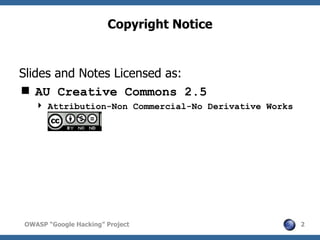 Copyright Notice


Slides and Notes Licensed as:
 AU Creative Commons 2.5
    Attribution-Non Commercial-No Derivative W...