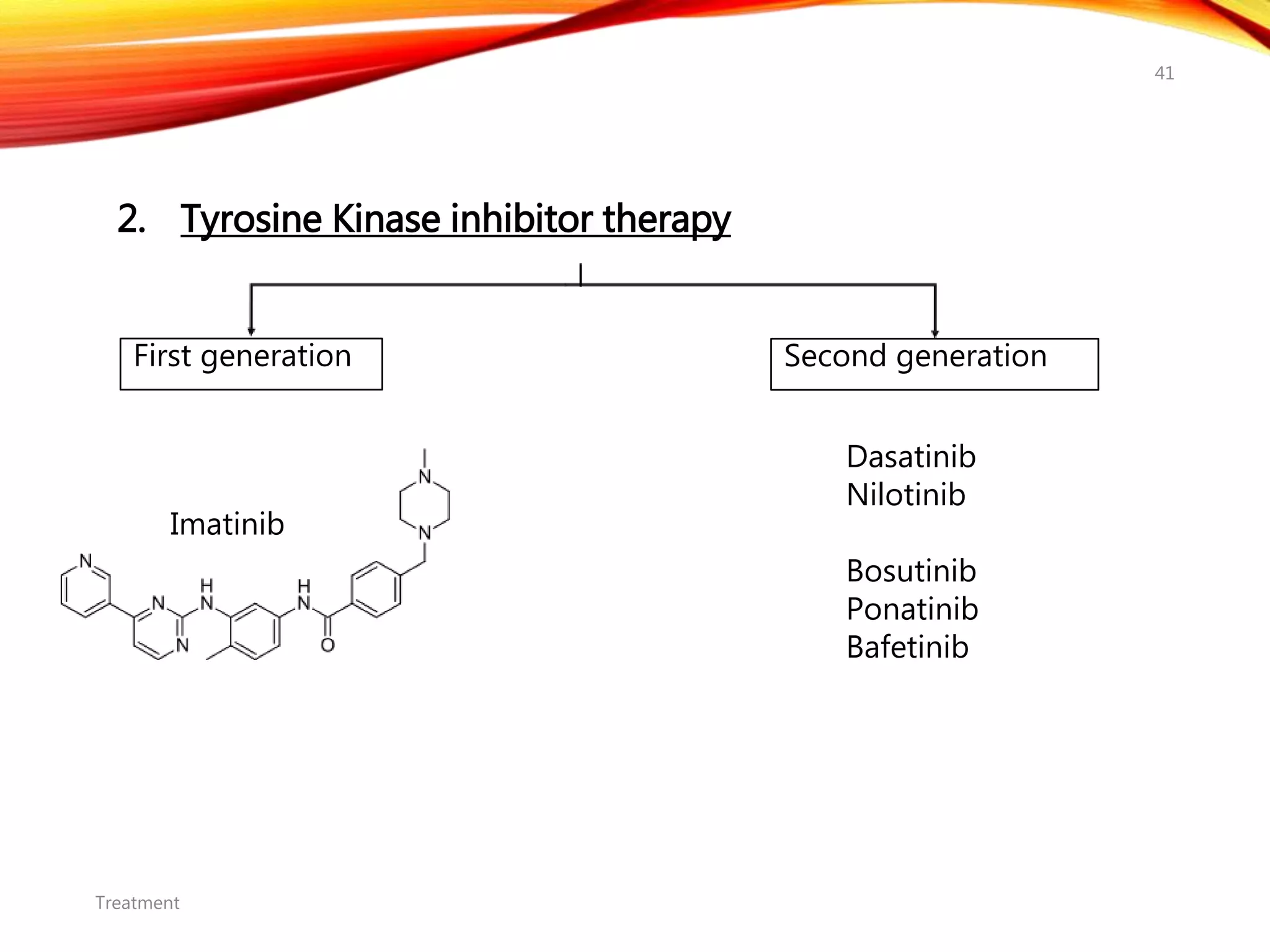 2. Tyrosine Kinase inhibitor therapy
Treatment
41
First generation Second generation
Imatinib
Dasatinib
Nilotinib
Bosutinib
Ponatinib
Bafetinib
 