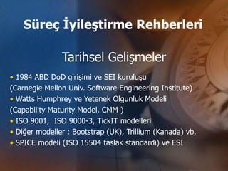 Süreç İyileştirme Rehberleri

               Tarihsel Gelişmeler
• 1984 ABD DoD girişimi ve SEI kuruluşu
(Carnegie Mellon Univ. Software Engineering Institute)
• Watts Humphrey ve Yetenek Olgunluk Modeli
(Capability Maturity Model, CMM )
• ISO 9001, ISO 9000-3, TickIT modelleri
• Diğer modeller : Bootstrap (UK), Trillium (Kanada) vb.
• SPICE modeli (ISO 15504 taslak standardı) ve ESI
 