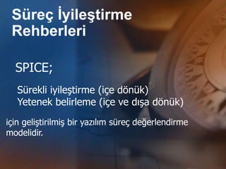 Süreç ĠyileĢtirme
 Rehberleri

  SPICE;
   Sürekli iyileştirme (içe dönük)
   Yetenek belirleme (içe ve dışa dönük)
için geliştirilmiş bir yazılım süreç değerlendirme
modelidir.
 