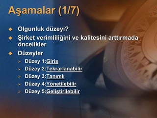 AĢamalar (1/7)
   Olgunluk düzeyi?
   ġirket verimliliğini ve kalitesini arttırmada
    öncelikler
   Düzeyler
       Düzey 1:GiriĢ
       Düzey 2:Tekrarlanabilir
       Düzey 3:Tanımlı
       Düzey 4:Yönetilebilir
       Düzey 5:GeliĢtirilebilir
 