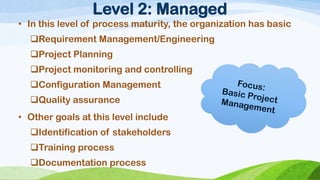 Level 2: Managed 
•Inthislevelofprocessmaturity,theorganizationhasbasic 
RequirementManagement/Engineering 
ProjectPlanning 
Projectmonitoringandcontrolling 
ConfigurationManagement 
Qualityassurance 
•Othergoalsatthislevelinclude 
Identificationofstakeholders 
Trainingprocess 
Documentationprocess  
