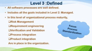 Level 3 :Defined 
•Allsoftwareprocessesarewelldefined. 
•IncludesallthegoalsincludedinLevel2:Managed. 
•Inthisleveloforganizationalprocessmaturity, 
RiskManagement 
Requirementengineering 
VerificationandValidation 
Processintegration 
Productintegration 
Areinplaceintheorganization.  