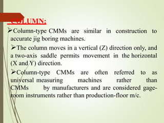 COLUMN:
Column-type CMMs are similar in construction to
accurate jig boring machines.
The column moves in a vertical (Z) direction only, and
a two-axis saddle permits movement in the horizontal
(X and Y) direction.
Column-type CMMs are often referred to as
universal measuring machines rather than
CMMs by manufacturers and are considered gage-
room instruments rather than production-floor m/c.
 