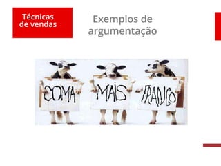 Técnicas
de vendas
Exemplos de
argumentação
 