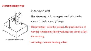 Moving bridge type
• Most widely used
• Has stationary table to support work piece to be
measured and a moving bridge
• Disadvantage- with this design, the phenomenon of
yawing (sometimes called walking) can occur- affect
the accuracy
• Advantage- reduce bending effect
 
