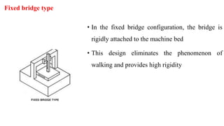 Fixed bridge type
• In the fixed bridge configuration, the bridge is
rigidly attached to the machine bed
• This design eliminates the phenomenon of
walking and provides high rigidity
 