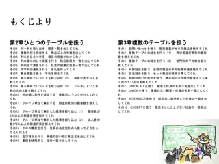 もくじより
第2章ひとつのテーブルを扱う
その1 データを取り出す 顧客一覧を出してくれ
その2 複数の列を指定する 商品ごとの単価を出してくれ
その3 列に別名をつける 項目の名前がわからない
その4 列の値に対して演算を行う 税込価格で一覧を出してくれ
その5 列同士で演算を行う 社員の健康状態を一覧で出してくれ
その6 文字列の連結を行う 名札を作ってくれ
その7 集合関数を使う 平均を教えてくれ
その8 ある条件でレコードを絞り込む（1） 身長が大きな人を
教えてくれ
その9 ある条件でレコードを絞り込む（2） 「〜子」という名
前の人の人数を教えてくれ
その10 列の値に条件を設定する 単価別にランク付けしてみて
くれ
その11 グループ単位で集計する 都道府県別の顧客数を教えて
くれ
その12 グループ単位で集計した結果を絞り込む（1） 顧客数が
3人以上の都道府県を教えてくれ
その13 グループ単位で集計した結果を絞り込む（2） 法人客の
数が2人以上の都道府県を教えてくれ
その14 クロス集計を行う 社員の血液型別の人数ってどうなっ
てるんだろう
その15 並び替えを行う 単価の安い順に商品名を出してくれ
その16 重複を排除する 住所一覧を出してくれ
第3章複数のテーブルを扱う
その1 副問い合わせを使う 販売数量がゼロの商品を教えてくれ
その2 複数テーブルの結合を行う（1） 再び都道府県別の顧客
数を教えてくれ
その3 複数テーブルの結合を行う（2） 部門別の平均給与額を
教えてくれ
その4 外部結合を使う 全部の商品の平均販売単価を教えてくれ
その5 自己結合を使う セット商品の候補を考えてくれ
その6 相関副問い合わせを使う 商品別の平均販売数量よりも多
く売れている日を教えてくれ
その7 UNION ALLを使う 顧客と社員の名前一覧を出してくれ
その8 UNIONを使う 重複のない顧客・社員の名前一覧にしてく
れ
その9 INTERSECTを使う 給料日に販売をした社員の一覧を出
してくれ
その10 EXCEPTを使う 販売をしたことがない社員の一覧を出
してくれ
 