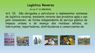 Logística Reversa
(A Lei nº 12.305/2010).
Art. 33. São obrigados a estruturar e implementar sistemas
de logística reversa, mediante retorno dos produtos após o uso
pelo consumidor, de forma independente do serviço público de
limpeza urbana e de manejo dos resíduos sólidos, os
fabricantes, importadores, distribuidores e comerciantes de:
 