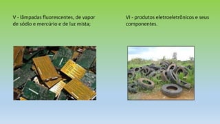 V - lâmpadas fluorescentes, de vapor
de sódio e mercúrio e de luz mista;
VI - produtos eletroeletrônicos e seus
componentes.
 