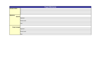 Project Minicharter
Success criteria

12345-

Signatures
Sponsor

Signature
Printed name
Date

Project manager

Signature
Printed name
Date

 