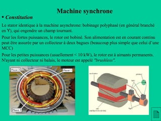 • Constitution
Machine synchrone
Pour les fortes puissances, le rotor est bobiné. Son alimentation est en courant continu
peut être assurée par un collecteur à deux bagues (beaucoup plus simple que celui d’une
MCC)
Pour les petites puissances (usuellement < 10 kW), le rotor est à aimants permanents.
N'ayant ni collecteur ni balais, le moteur est appelé "brushless".
Le stator identique à la machine asynchrone: bobinage polyphasé (en général branché
en Y), qui engendre un champ tournant.
 