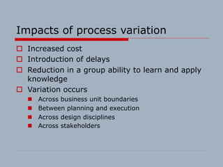 Impacts of process variation
o Increased cost
o Introduction of delays
o Reduction in a group ability to learn and apply
k...