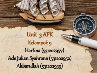 Unit 3 APK
Kelompok 9
Hartina (531202957)
Ade Julian Syahrona (531202952)
Akbarullah (531202939)
 