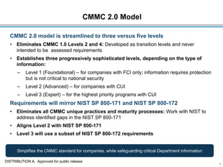 CMMC 2.0 Model
CMMC 2.0 model is streamlined to three versus five levels
• Eliminates CMMC 1.0 Levels 2 and 4: Developed as transition levels and never
intended to be assessed requirements
• Establishes three progressively sophisticated levels, depending on the type of
information:
– Level 1 (Foundational) – for companies with FCI only; information requires protection
but is not critical to national security
– Level 2 (Advanced) – for companies with CUI
– Level 3 (Expert) – for the highest priority programs with CUI
Requirements will mirror NIST SP 800-171 and NIST SP 800-172
• Eliminates all CMMC unique practices and maturity processes: Work with NIST to
address identified gaps in the NIST SP 800-171
• Aligns Level 2 with NIST SP 800-171
• Level 3 will use a subset of NIST SP 800-172 requirements
2
Simplifies the CMMC standard for companies, while safeguarding critical Department information
DISTRIBUTION A. Approved for public release
 