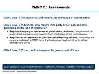 CMMC 2.0 Assessments
CMMC Level 1 (Foundational) will require DIB company self-assessments
CMMC Level 2 (Advanced) may require third-party or self-assessments,
depending on the type of information
• Requires third-party assessments for prioritized acquisitions: Companies will be
responsible for obtaining an assessment and certification prior to contract award
• Requires self-assessments for other non-prioritized acquisitions: Companies will
complete and report a CMMC Level 2 self-assessment and submit senior official
affirmations to SPRS
CMMC Level 3 (Expert) will be assessed by government officials
3
Eases assessment requirements for companies not handling information related to prioritized acquisitions
DISTRIBUTION A. Approved for public release
 