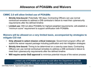 Allowance of POA&Ms and Waivers
CMMC 2.0 will allow limited use of POA&Ms
• Strictly time-bound: Potentially 180 days; Contracting Officers can use normal
contractual remedies to address a DIB contractor’s failure to meet their cybersecurity
requirements after the defined timeline
• Limited use: Will not allow POA&Ms for highest-weighted requirements; will establish a
“minimum score” requirement to support certification with POA&Ms
Waivers will be allowed on a very limited basis, accompanied by strategies to
mitigate CUI risk
• Only allowed in select mission critical instances: Government program office will
submit the waiver request package including justification and risk mitigation strategies
• Strictly time bound: Timing to be determined on a case-by-case basis; Contracting
Officers can use normal contractual remedies to address a DIB contractor’s failure to
meet their cybersecurity requirements after the defined timeline
• Will require senior DoD approval to minimize potential misuse of the waiver process
4
Limited use of POA&Ms and waivers could allow the Department and DIB
companies flexibility to meet evolving threats and make risk-based decisions
DISTRIBUTION A. Approved for public release
 