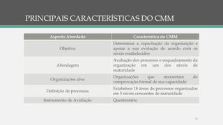 PRINCIPAIS CARACTERÍSTICAS DO CMM
Aspecto Abordado Característica do CMM
Objetivo
Determinar a capacitação da organização e
apoiar a sua evolução de acordo com os
níveis estabelecidos
Abordagem
Avaliação dos processos e enquadramento da
organização em um dos níveis de
maturidade
Organizações alvo
Organizações que necessitam de
comprovação formal de sua capacidade
Definição de processos
Estabelece 18 áreas de processos organizados
em 5 níveis crescentes de maturidade
Instrumento de Avaliação Questionário
13
 