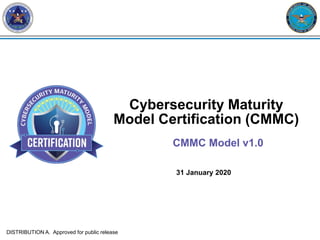 Cybersecurity Maturity
Model Certification (CMMC)
CMMC Model v1.0
31 January 2020
DISTRIBUTION A. Approved for public release
 